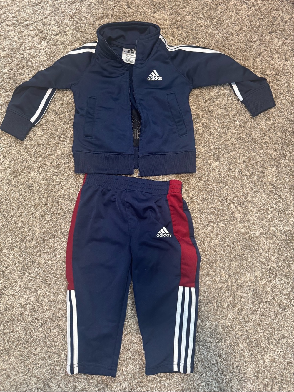 adidas Navy and Burgundy Kids 12m Track Jacket & Sweatpants Set